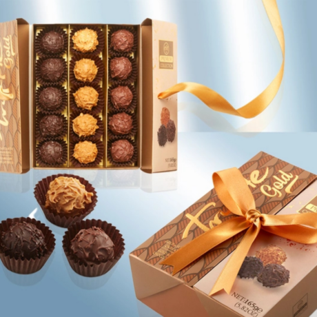 Trüffel "Gold" (Karamell, Haselnuss, Mandel, Haselnusspaste), in Geschenkverpackung 165 g